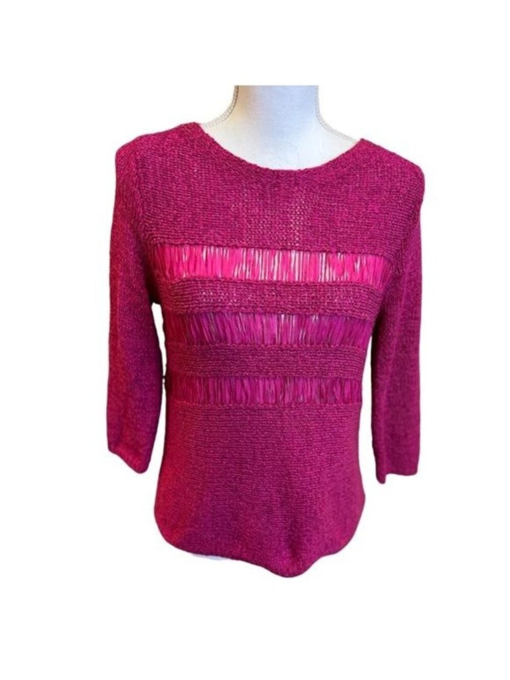 Chico’s bright pink fuchsia sweater with open weave detail Size Small